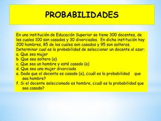 En una institución de Educación Superior se tiene 300 docentes, de
los cuales 100 son casados y 30 divorciados. En dicha institución hay
200 hombres, 85 de los cuales son casados y 95 son solteros.
Determinar cual es la probabilidad de seleccionar un docente al azar:
a. Que sea mujer
b. Que sea soltero (a)
c. Que sea un hombre y esté casado (a)
d. Que sea una mujer divorciada
e. Dado que el docente es casado (a), ¿cuál es la probabilidad que
sea hombre?
f. Si el docente seleccionado es hombre, ¿cuál es la probabilidad que
sea casado?
PROBABILIDADES
 