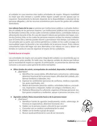 25Cuidado y autocuidado
al cuidador en casa mientras éste realiza actividades de respiro. Ninguna modalidad
es mejor que otra siempre y cuando ambos logren cumplir con los apoyos que se
requieren. Generalmente la decisión depende de la disponibilidad y voluntad de las
personas allegadas, y de los recursos económicos para asumir los gastos del cuidado
domiciliario.
Los relevos fuera de la casa se prestan por instituciones públicas o privadas dedica-
das al cuidado de las personas mayores. Las instituciones públicas más comunes son
los llamados Centros Día, en los cuales se brinda cuidado básico, actividades lúdicas y
alimentación durante el día. En caso de requerir relevos por periodos más largos, exis-
ten los Centros Vida, en los cuales las personas mayores reciben los mismos cuidados
que el Centro Día y además pueden dormir y permanecer más tiempo. Las institucio-
nes privadas por su parte, son centros geriátricos o clubes en los cuales se paga una
mensualidad según la duración y las necesidades de la persona mayor. Estos relevos
comunitarios fuera del hogar son otra alternativa a los relevos en casa y deben ser
tenidos en cuenta en caso de organizar el respiro de los cuidadores.
Cuándo buscar el respiro
Las actividades de respiro son una parte integral del cuidado y se recomienda que se
organicen lo antes posible. En todo caso, hay algunas señales de alarma que indican
que la necesidad de respiro es urgente. A continuación, se presentan las alarmas más
comunes y una paso a paso general de cómo manejarlas:
•	 Altos niveles de estrés, acompañados de ansiedad, depresión, irritabilidad.
•	 ¿Qué hacer?
a. 	 Identificar las causas (plata, dificultad para comunicarse, sobrecarga,
deterioro funcional de la persona mayor, dificultad del cuidado, pro-
blemas familiares o laborales, etc)
b. 	 Expresar los sentimientos (personas de confianza, médicos especialis-
tas, guías espirituales, etc)
c. 	 Reducir de la tensión (atención médica, actividades lúdicas y recreati-
vas, respiración y relajación, hablar con amigos o familiares, etc.)
d. 	 Motivarse (Descansar lo suficiente, organizar el tiempo personal, rea-
lizar gestos empáticos y resilientes, apoyar a personas cercanas, etc.)
•	 Agresión verbal o física recurrente hacia y de la persona mayor
•	 ¿Qué hacer?
a. 	 Identificar fuente de agresión (medicamento, estrés, sobrecarga, di-
ferencia en expectativas, deterioro funcional, etc.)
b. 	 Hablar con la persona mayor y discutir lo que sucedió
c. 	 Consultar con un médico o profesional de la salud
d. 	 Hablar con la familia o grupo de apoyo
e. 	 Buscar ayuda profesional en caso de ser necesario
 