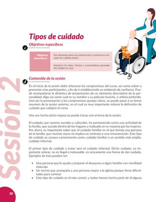 30
Objetivos específicos
Contenido de la sesión
En el inicio de la sesión debe reiterarse los compromisos del curso, así como volver a
presentar a los participantes, a fin de ir estableciendo un ambiente de confianza. Pue-
de acompañarse la dinámica de presentación de un elemento descriptivo de la per-
sonalidad. Algo así como cuál es su nombre y su película favorita, o artista preferido.
Una vez la presentación y los compromisos quedan claros, se puede pasar a un breve
resumen de la sesión anterior, en el cual es muy importante reiterar la definición de
cuidado que cobijará el curso.
Una vez hecho dicho repaso se puede iniciar con el tema de la sesión:
El cuidado, por razones sociales y culturales, ha permanecido como una actividad de
la familia, que sucede dentro de los hogares y realizado en su mayoría por las mujeres.
Por ahora, es importante saber que el cuidado familiar es el que brinda una persona
de la familia, que muchas veces no implica un contrato o una remuneración. Este tipo
de cuidado se conoce comúnmente como cuidado familiar o en sentido más amplio,
cuidado informal.
El primer tipo de cuidado a tratar será el cuidado informal. Dicho cuidado, es im-
portante aclarar, no es ilegal o indeseable, es únicamente una forma de dar cuidado.
Ejemplos de ésta pueden ser:
•	 Una persona que le ayuda a preparar el desayuno a algún familiar con movilidad
reducida
•	 Un vecino que acompaña a una persona mayor a la iglesia porque tiene dificul-
tades para caminar
•	 Este tipo de cuidado es el más común, y todos hemos hecho parte de él alguna
Tipos de cuidado
Objetivos
Específicos :
Dar elementos para una construcción y construir un con-
cepto de cuidado propio.
Introducir los tipos, formas y características generales
del cuidado en casa.
Sesión2
c
d
 