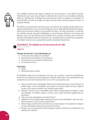 32
hay múltiples maneras de seguir cuidando en esta situación, y que deben hacerlo.
Finalmente, para que esto se logre, la decisión de recurrir o no al cuidado indirecto
debe ser mediada por el diálogo y la comunicación entre el cuidado y el cuidador. Si
esta decisión se toma al margen de alguna de las partes, el lazo puede ser roto y el
cuidado dañado.
Por último, es importante mencionar que una relación de cuidado puede significar un
apoyo ocasional (rara vez), recurrente (algunas veces, dependiendo del tipo de depen-
dencia de la persona mayor) o permanente (es decir, de larga duración). La relación
de cuidado permite aprender habilidades y conocimientos prácticos con el paso del
tiempo, esto es lo que diferencia el cuidado de la curación, mientras ésta se limita a
tratar la enfermedad, paliar los síntomas y las complicaciones de salud de un paciente,
el cuidado involucra un componente social y emocional importante.
Actividad C. El cuidado en el transcurso de mi vida
Taller I.2
Tiempo de duración 1 hora distribuida así:
•	 5 minutos para explicar la actividad
•	 30 minutos para realizar el cuestionario
•	 20 minutos para compartir experiencias
•	 5 minutos de cierre
Materiales
•	 Hojas
•	 Elementos para escribir
El facilitador debe dar las preguntas una por una y esperar a que los participantes
terminen de escribir para dar la siguiente. Al final, debe pedir a los participantes que
compartan una de las respuestas de la 6 a la 10. Las preguntas son:
1. 	 Haga una lista de las actividades diarias más importantes para usted. Piense, en
primer lugar, en las actividades que realiza o le gusta realizar sin que nadie lo
ayude y que usted considera muy valiosas para usted.
2. 	 Después, piense en las actividades que realiza acompañado de alguien, como
por ejemplo un familiar, amigo o vecino y que usted considera igualmente im-
portantes.
3. 	 ¿Por qué esas actividades son importantes?
4. 	 ¿Alguna vez ha recibido algún apoyo para hacer esas actividades? ¿por qué reci-
bió ese apoyo? ¿cómo fue esa experiencia?
5. 	 Ahora haga una lista de las personas que usted apoya o ha apoyado en alguna
de esas actividades diarias de manera recurrente.
6. 	 Escoja 1 de esas situaciones de la pregunta anterior ¿Por qué se trataba de una
relación de cuidado?
e
 