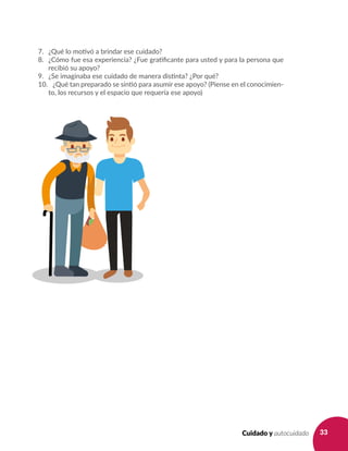 33Cuidado y autocuidado
7. 	 ¿Qué lo motivó a brindar ese cuidado?
8. 	 ¿Cómo fue esa experiencia? ¿Fue gratificante para usted y para la persona que
recibió su apoyo?
9. 	 ¿Se imaginaba ese cuidado de manera distinta? ¿Por qué?
10. 	 ¿Qué tan preparado se sintió para asumir ese apoyo? (Piense en el conocimien-
to, los recursos y el espacio que requería ese apoyo)
 