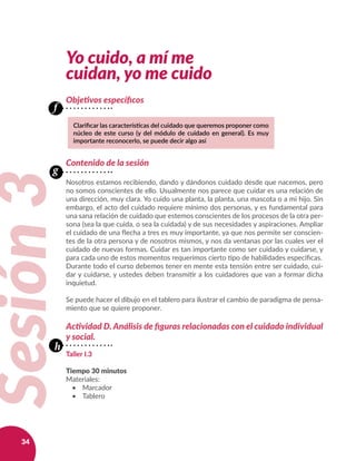 34
Yo cuido, a mí me
cuidan, yo me cuido
Sesión3
f
g
Objetivos específicos
Contenido de la sesión
Nosotros estamos recibiendo, dando y dándonos cuidado desde que nacemos, pero
no somos conscientes de ello. Usualmente nos parece que cuidar es una relación de
una dirección, muy clara. Yo cuido una planta, la planta, una mascota o a mi hijo. Sin
embargo, el acto del cuidado requiere mínimo dos personas, y es fundamental para
una sana relación de cuidado que estemos conscientes de los procesos de la otra per-
sona (sea la que cuida, o sea la cuidada) y de sus necesidades y aspiraciones. Ampliar
el cuidado de una flecha a tres es muy importante, ya que nos permite ser conscien-
tes de la otra persona y de nosotros mismos, y nos da ventanas por las cuales ver el
cuidado de nuevas formas. Cuidar es tan importante como ser cuidado y cuidarse, y
para cada uno de estos momentos requerimos cierto tipo de habilidades específicas.
Durante todo el curso debemos tener en mente esta tensión entre ser cuidado, cui-
dar y cuidarse, y ustedes deben transmitir a los cuidadores que van a formar dicha
inquietud.
Se puede hacer el dibujo en el tablero para ilustrar el cambio de paradigma de pensa-
miento que se quiere proponer.
Actividad D. Análisis de figuras relacionadas con el cuidado individual
y social.
Taller I.3
Tiempo 30 minutos
Materiales:
•	 Marcador
•	 Tablero
h
Clarificar las características del cuidado que queremos proponer como
núcleo de este curso (y del módulo de cuidado en general). Es muy
importante reconocerlo, se puede decir algo así
 