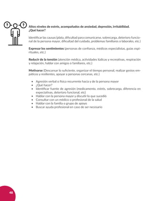 48
Altos niveles de estrés, acompañados de ansiedad, depresión, irritabilidad.
¿Qué hacer?
Identificar las causas (plata, dificultad para comunicarse, sobrecarga, deterioro funcio-
nal de la persona mayor, dificultad del cuidado, problemas familiares o laborales, etc.)
Expresar los sentimientos (personas de confianza, médicos especialistas, guías espi-
rituales, etc.)
Reducir de la tensión (atención médica, actividades lúdicas y recreativas, respiración
y relajación, hablar con amigos o familiares, etc.)
Motivarse (Descansar lo suficiente, organizar el tiempo personal, realizar gestos em-
páticos y resilientes, apoyar a personas cercanas, etc.)
•	 Agresión verbal o física recurrente hacia y de la persona mayor
•	 ¿Qué hacer?
•	 Identificar fuente de agresión (medicamento, estrés, sobrecarga, diferencia en
expectativas, deterioro funcional, etc)
•	 Hablar con la persona mayor y discutir lo que sucedió
•	 Consultar con un médico o profesional de la salud
•	 Hablar con la familia o grupo de apoyo
•	 Buscar ayuda profesional en caso de ser necesario
 
 