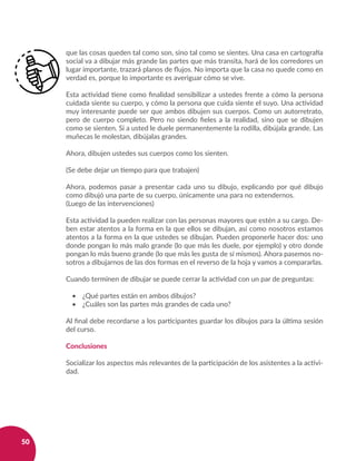 50
que las cosas queden tal como son, sino tal como se sientes. Una casa en cartografía
social va a dibujar más grande las partes que más transita, hará de los corredores un
lugar importante, trazará planos de flujos. No importa que la casa no quede como en
verdad es, porque lo importante es averiguar cómo se vive.
Esta actividad tiene como finalidad sensibilizar a ustedes frente a cómo la persona
cuidada siente su cuerpo, y cómo la persona que cuida siente el suyo. Una actividad
muy interesante puede ser que ambos dibujen sus cuerpos. Como un autorretrato,
pero de cuerpo completo. Pero no siendo fieles a la realidad, sino que se dibujen
como se sienten. Si a usted le duele permanentemente la rodilla, dibújala grande. Las
muñecas le molestan, dibújalas grandes.
Ahora, dibujen ustedes sus cuerpos como los sienten.
(Se debe dejar un tiempo para que trabajen)
Ahora, podemos pasar a presentar cada uno su dibujo, explicando por qué dibujo
como dibujó una parte de su cuerpo, únicamente una para no extendernos.
(Luego de las intervenciones)
Esta actividad la pueden realizar con las personas mayores que estén a su cargo. De-
ben estar atentos a la forma en la que ellos se dibujan, así como nosotros estamos
atentos a la forma en la que ustedes se dibujan. Pueden proponerle hacer dos: uno
donde pongan lo más malo grande (lo que más les duele, por ejemplo) y otro donde
pongan lo más bueno grande (lo que más les gusta de sí mismos). Ahora pasemos no-
sotros a dibujarnos de las dos formas en el reverso de la hoja y vamos a compararlas.
Cuando terminen de dibujar se puede cerrar la actividad con un par de preguntas:
•	 ¿Qué partes están en ambos dibujos?
•	 ¿Cuáles son las partes más grandes de cada uno?
Al final debe recordarse a los participantes guardar los dibujos para la última sesión
del curso.
Conclusiones
Socializar los aspectos más relevantes de la participación de los asistentes a la activi-
dad.
 
 