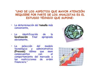“UNO DE LOS ASPECTOS QUE MAYOR ATENCIÓN
REQUIERE POR PARTE DE LOS ANALISTAS ES EL
ESTUDIO TÉCNICO QUE SUPONE:
• La determinación del tamaño más
conveniente,
• La identificación de la
localización final apropiada
obviamente,
• La selección del modelo
tecnológico y administrativo
(Proceso) idóneo que sean
consecuentes con el
comportamiento del mercado y
las restricciones de orden
financiero.”
 