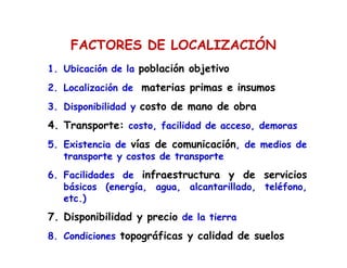 FACTORES DE LOCALIZACIÓN
1. Ubicación de la población objetivo
2. Localización de materias primas e insumos
3. Disponibilidad y costo de mano de obra
4. Transporte: costo, facilidad de acceso, demoras
5. Existencia de vías de comunicación, de medios de
transporte y costos de transporte
6. Facilidades de infraestructura y de servicios
básicos (energía, agua, alcantarillado, teléfono,
etc.)
7. Disponibilidad y precio de la tierra
8. Condiciones topográficas y calidad de suelos
 