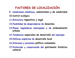 FACTORES DE LOCALIZACIÓN
9. Condiciones climáticas, ambientales y de salubridad
10.Control ecológico
11.Estructura impositiva y legal
12.Posibilidad de desprenderse de desechos
13.Planes reguladores municipales y de ordenamiento
urbano
14.Tendencias espaciales de desarrollo del municipio
15.Políticas explícitas de desarrollo local
16.Intereses y presiones político-comunales
17.Protección y conservación del patrimonio histórico
cultural
 
