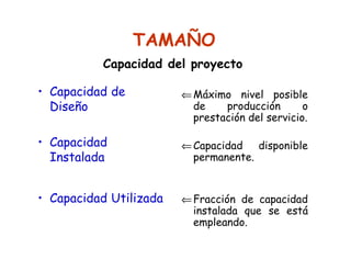 TAMAÑO
• Capacidad de
Diseño
• Capacidad
Instalada
• Capacidad Utilizada
⇐Máximo nivel posible
de producción o
prestación del servicio.
⇐Capacidad disponible
permanente.
⇐Fracción de capacidad
instalada que se está
empleando.
Capacidad del proyecto
 