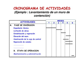 CRONOGRAMA DE ACTIVIDADES
(Ejemplo : Levantamiento de un muro de
contención)
A. FASE DE INVERSION
Expediente técnico
Licitación de obras
Estabilización y reparación
Elevación del muro
Construcción de la caja de control
Reparación de canales
………………………
………………………
B. ETAPA DE OPERACION
Mantenimiento y administración
ACTIVIDADES 1 2 3 4 5 6
MESES
 