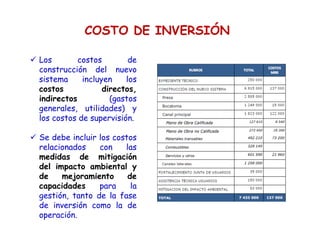 COSTO DE INVERSIÓN
Los costos de
construcción del nuevo
sistema incluyen los
costos directos,
indirectos (gastos
generales, utilidades) y
los costos de supervisión.
Se debe incluir los costos
relacionados con las
medidas de mitigación
del impacto ambiental y
de mejoramiento de
capacidades para la
gestión, tanto de la fase
de inversión como la de
operación.
 