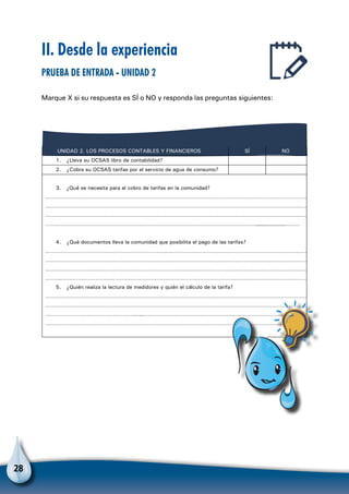 28
II. Desde la experiencia
Prueba de entrada - Unidad 2
Marque X si su respuesta es SÍ o NO y responda las preguntas siguientes:
LOS PROCESOS CONTABLES Y FINANCIEROSUNIDAD 2. SÍ NO
1. ¿Lleva su OCSAS libro de contabilidad?
2. ¿Cobra su OCSAS tarifas por el servicio de agua de consumo?
3. ¿Qué se necesita para el cobro de tarifas en la comunidad?
……………………………………………………………………………………………………………………………………
……………………………………………………………………………………………………………………………………
……………………………………………………………………………………………………………………………………
……………………………………………………………………………………………………………………………………………….
4. ¿Qué documentos lleva la comunidad que posibilita el pago de las tarifas?
……………………………………………………………………………………………………………………………………
……………………………………………………………………………………………………………………………………
……………………………………………………………………………………………………………………………………
………………………………………………………………………………………………………………………………………
5. ¿Quién realiza la lectura de medidores y quién el cálculo de la tarifa?
……………………………………………………………………………………………………………………………………
……………………………………………………………………………………………………………………………………
……………………………………………………………………………………………………………………………………………
……………………………………………………………………………………………………………………………………
 