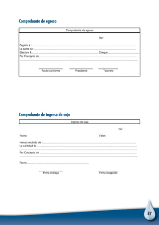 37
Por:
Recibi conforme Presidente Tesorero
Por Concepto de :………………………………………………………………………………………………………
……………………………………………………………………………………………………………………………..
Comprobante de egreso
Pagado a :……………………………………………………………………………………………………………….
La suma de :……………………………………………………………………………………………………………
Efectivo $:………………………………………………………………………Cheque:…………………………………
No:
Fecha: Valor:
Fecha:…………………………………………………………………
Firma entrega Firma recepción
Por Concepto de :………………………………………………………………………………………………………
……………………………………………………………………………………………………………………………..
……………………………………………………………………………………………………………………………..
Ingreso de caja
Hemos recibido de :……..…………………………………………………………………………………………….
La cantidad de ……………………………………………………………………………....…………………………
Comprobante de egreso
Comprobante de ingreso de caja
 
