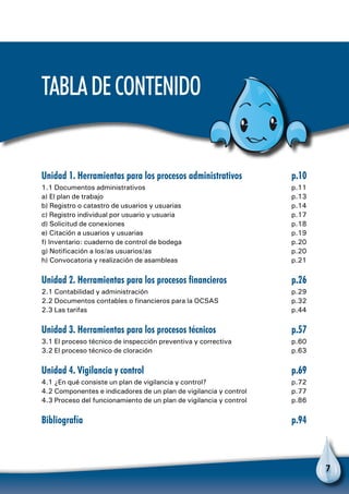 7
Unidad 1. Herramientas para los procesos administrativos	 p.10
1.1 Documentos administrativos	 p.11
a) El plan de trabajo	 p.13
b) Registro o catastro de usuarios y usuarias	 p.14
c) Registro individual por usuario y usuaria	 p.17
d) Solicitud de conexiones	 p.18
e) Citación a usuarios y usuarias	 p.19
f) Inventario: cuaderno de control de bodega	 p.20
g) Notificación a los/as usuarios/as	 p.20
h) Convocatoria y realización de asambleas	 p.21
Unidad 2. Herramientas para los procesos financieros	 p.26
2.1 Contabilidad y administración	 p.29
2.2 Documentos contables o financieros para la ocsaS	p.32
2.3 Las tarifas	 p.44
Unidad 3. Herramientas para los procesos técnicos	 p.57
3.1 El proceso técnico de inspección preventiva y correctiva	 p.60
3.2 El proceso técnico de cloración	 p.63
Unidad 4. Vigilancia y control	 p.69
4.1 ¿En qué consiste un plan de vigilancia y control?	 p.72
4.2 Componentes e indicadores de un plan de vigilancia y control	 p.77
4.3 Proceso del funcionamiento de un plan de vigilancia y control	 p.86
Bibliografía	p.94
TabladeContenido
 