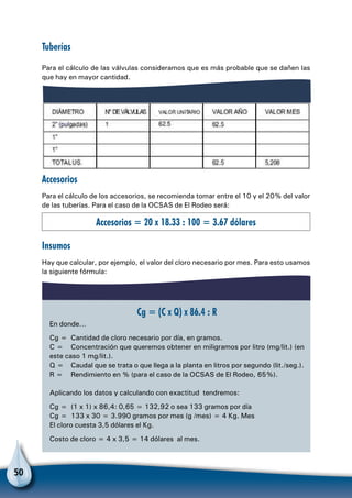 50
Tuberías
Para el cálculo de las válvulas consideramos que es más probable que se dañen las
que hay en mayor cantidad.
Accesorios
Para el cálculo de los accesorios, se recomienda tomar entre el 10 y el 20% del valor
de las tuberías. Para el caso de la OCSAS de El Rodeo será:
Insumos
Hay que calcular, por ejemplo, el valor del cloro necesario por mes. Para esto usamos
la siguiente fórmula:
Accesorios = 20 x 18.33 : 100 = 3.67 dólares
Cg = (C x Q) x 86.4 : R
En donde…
Cg = 	Cantidad de cloro necesario por día, en gramos.
C = 	 Concentración que queremos obtener en miligramos por litro (mg/lit.) (en
este caso 1 mg/lit.).
Q = 	 Caudal que se trata o que llega a la planta en litros por segundo (lit./seg.).
R = 	 Rendimiento en % (para el caso de la OCSAS de El Rodeo, 65%).
Aplicando los datos y calculando con exactitud tendremos:
Cg = 	(1 x 1) x 86,4: 0,65 = 132,92 o sea 133 gramos por día
Cg = 	133 x 30 = 3.990 gramos por mes (g /mes) = 4 Kg. Mes
El cloro cuesta 3,5 dólares el Kg.
Costo de cloro = 4 x 3,5 = 14 dólares al mes.
 
