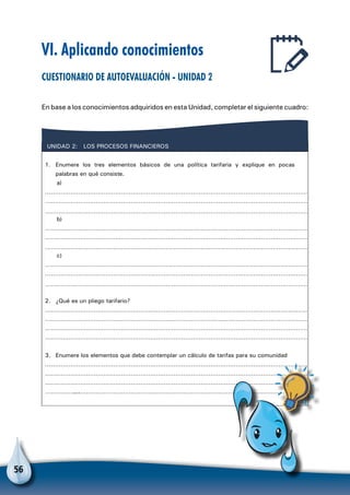 56
VI. Aplicando conocimientos
Cuestionario de autoevaluación - Unidad 2
En base a los conocimientos adquiridos en esta Unidad, completar el siguiente cuadro:
LOS PROCESOS FINANCIEROSUNIDAD 2:
1. Enumere los tres elementos básicos de una política tarifaria y explique en pocas
palabras en qué consiste.
a)
………………………………………………………………………………………………………………………
………………………………………………………………………………………………………………………
………………………………………………………………………………………………………………………
………………………………………………………………………………………………………………………
………………………………………………………………………………………………………………………
b)
………………………………………………………………………………………………………………………
c)
………………………………………………………………………………………………………………………
………………………………………………………………………………………………………………………
………………………………………………………………………………………………………………………
2. ¿Qué es un pliego tarifario?
………………………………………………………………………………………………………………………
………………………………………………………………………………………………………………………
………………………………………………………………………………………………………………………
………………………………………………………………………………………………………………………
3. Enumere los elementos que debe contemplar un cálculo de tarifas para su comunidad
………………………………………………………………………………………………………………………
………………………………………………………………………………………………………………………
………………………………………………………………………………………………………………………
……………………………………………………………………………………………………………………………
 