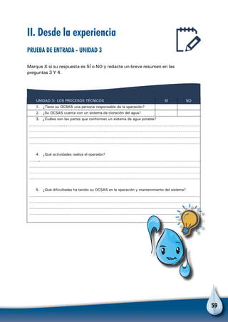 59
II. Desde la experiencia
Prueba de entrada - Unidad 3
Marque X si su respuesta es SÍ o NO y redacte un breve resumen en las
preguntas 3 Y 4.
LOS PROCESOS TÉCNICOSUNIDAD 3: SÍ NO
1. ¿Tiene su OCSAS una persona responsable de la operación?
2. ¿Su OCSAS cuenta con un sistema de cloración del agua?
3. ¿Cuáles son las partes que conforman un sistema de agua potable?
…………………………………………………………………………………………………………………………………
………………………………………………………………………………………………………………………………
………………………………………………………………………………………………………………………………
………………………………………………………………………………………………………………………………
4. ¿Qué actividades realiza el operador?
………………………………………………………………………………………………………………………………
………………………………………………………………………………………………………………………………
………………………………………………………………………………………………………………………………
………………………………………………………………………………………………………………………………
5. ¿Qué dificultades ha tenido su OCSAS en la operación y mantenimiento del sistema?
………………………………………………………………………………………………………………………………
………………………………………………………………………………………………………………………………
………………………………………………………………………………………………………………………………
……………………………………………………………………………………………………………………………………………….
 