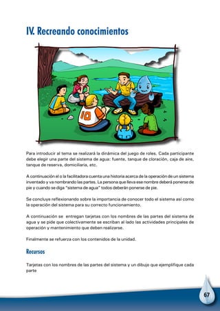 67
IV. Recreando conocimientos
Para introducir al tema se realizará la dinámica del juego de roles. Cada participante
debe elegir una parte del sistema de agua: fuente, tanque de cloración, caja de aire,
tanque de reserva, domiciliaria, etc.
A continuación el o la facilitadora cuenta una historia acerca de la operación de un sistema
inventado y va nombrando las partes. La persona que lleva ese nombre deberá ponerse de
pie y cuando se diga “sistema de agua” todos deberán ponerse de pie.
Se concluye reflexionando sobre la importancia de conocer todo el sistema así como
la operación del sistema para su correcto funcionamiento.
A continuación se entregan tarjetas con los nombres de las partes del sistema de
agua y se pide que colectivamente se escriban al lado las actividades principales de
operación y mantenimiento que deben realizarse.
Finalmente se refuerza con los contenidos de la unidad.
Recursos
Tarjetas con los nombres de las partes del sistema y un dibujo que ejemplifique cada
parte
 