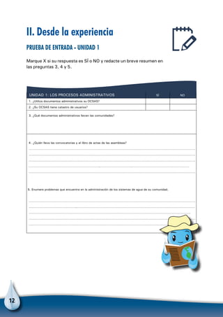 12
4.
……………………………………………………………………………………………………………………………………………………
……………………………………………………………………………………………………………………………………………………
……………………………………………………………………………………………………………………………………………………
……………………………………………………………………………………………………………………………………………….
……………………………………………………………………………………………………………………………………………………
……………………………………………………………………………………………………………………………………………………
……………………………………………………………………………………………………………………………………………………
……………………………………………………………………………………………………………………………………………….
……………………………………………………………………………………………………………………………………………………
……………………………………………………………………………………………………………………………………………………
UNIDAD 1: LOS PROCESOS ADMINISTRATIVOS SÍ NO
1. ¿Utiliza documentos administrativos su OCSAS?
2. ¿Su OCSAS tiene catastro de usuarios?
¿Quién lleva las convocatorias y el libro de actas de las asambleas?
5. Enumere problemas que encuentra en la administración de los sistemas de agua de su comunidad.
3. ¿Qué documentos administrativos llevan las comunidades?
II. Desde la experiencia
Prueba de entrada - Unidad 1
Marque X si su respuesta es SÍ o NO y redacte un breve resumen en
las preguntas 3, 4 y 5.
 