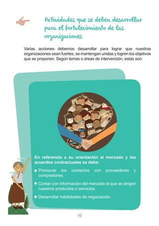 10
Promover los contactos con proveedores y
compradores.
Contar con información del mercado al que se dirigen
nuestros productos o servicios.
Desarrollar habilidades de negociación.
Actividades que se deben desarrollar
para el fortalecimiento de las
organizaciones
Varias acciones debemos desarrollar para lograr que nuestras
organizaciones sean fuertes, se mantengan unidas y logren los objetivos
que se proponen. Según temas o áreas de intervención, estas son:
En referencia a su orientación al mercado y los
acuerdos contractuales se debe:
 