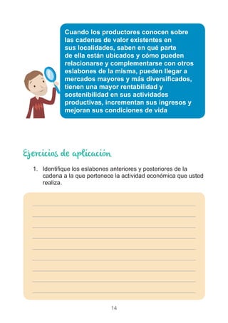 14
Ejercicios de aplicación
1.	 Identifique los eslabones anteriores y posteriores de la
cadena a la que pertenece la actividad económica que usted
realiza.
_________________________________________________
_________________________________________________
_________________________________________________
_________________________________________________
_________________________________________________
_________________________________________________
_________________________________________________
_________________________________________________
_________________________________________________
Cuando los productores conocen sobre
las cadenas de valor existentes en
sus localidades, saben en qué parte
de ella están ubicados y cómo pueden
relacionarse y complementarse con otros
eslabones de la misma, pueden llegar a
mercados mayores y más diversificados,
tienen una mayor rentabilidad y
sostenibilidad en sus actividades
productivas, incrementan sus ingresos y
mejoran sus condiciones de vida
 