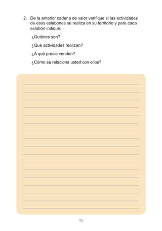 15
2.	 De la anterior cadena de valor verifique si las actividades
de esos eslabones se realiza en su territorio y para cada
eslabón indique:
)) ¿Quiénes son?
)) ¿Qué actividades realizan?
)) ¿A qué precio venden?
)) ¿Cómo se relaciona usted con ellos?
_________________________________________________
_________________________________________________
_________________________________________________
_________________________________________________
_________________________________________________
_________________________________________________
_________________________________________________
_________________________________________________
_________________________________________________
_________________________________________________
_________________________________________________
_________________________________________________
_________________________________________________
_________________________________________________
_________________________________________________
_________________________________________________
_________________________________________________
 