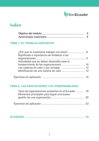 3
Índice
TEMA 1: EL TRABAJO ASOCIATIVO
)) ¿Por qué es importante trabajar con otros?........................	8
)) Significado e importancia de fortalecer a las
organizaciones.....................................................................	9
)) Actividades que se deben desarrollar para el
fortalecimiento de las organizaciones.............................. ...	10
)) Las cadenas de valor y sus ventajas .................................	12
)) Identificación de una cadena de valor ................................ 12
Ejercicios de aplicación. ..........................................................	14
)) Tipos de organizaciones existentes en el Ecuador ...........	18
)) Elementos principales para lograr una buena
gestión de una organización...............................................	20
Ejercicios de aplicación ...........................................................	23
TEMA 2: LAS ASOCIACIONES Y SU GOBERNABILIDAD
GLOSARIO .................................................................................. 	 25
Objetivo del módulo........................................................... 5
Aprendizajes esperados.................................................... 5
 