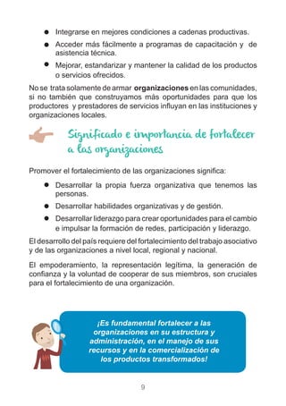 9
)) Integrarse en mejores condiciones a cadenas productivas.
)) Acceder más fácilmente a programas de capacitación y de
asistencia técnica.
)) Mejorar, estandarizar y mantener la calidad de los productos
o servicios ofrecidos.
No se trata solamente de armar organizaciones en las comunidades,
si no también que construyamos más oportunidades para que los
productores y prestadores de servicios influyan en las instituciones y
organizaciones locales.
Significado e importancia de fortalecer
a las organizaciones
Promover el fortalecimiento de las organizaciones significa:
)) Desarrollar la propia fuerza organizativa que tenemos las
personas.
)) Desarrollar habilidades organizativas y de gestión.
)) Desarrollar liderazgo para crear oportunidades para el cambio
e impulsar la formación de redes, participación y liderazgo.
El desarrollo del país requiere del fortalecimiento del trabajo asociativo
y de las organizaciones a nivel local, regional y nacional.
El empoderamiento, la representación legítima, la generación de
confianza y la voluntad de cooperar de sus miembros, son cruciales
para el fortalecimiento de una organización.
¡Es fundamental fortalecer a las
organizaciones en su estructura y
administración, en el manejo de sus
recursos y en la comercialización de
los productos transformados!
 