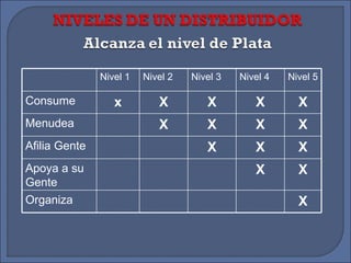 Nivel 1 Nivel 2 Nivel 3 Nivel 4 Nivel 5 Consume x X X X X Menudea X X X X Afilia Gente X X X Apoya a su Gente X X Organiza X 