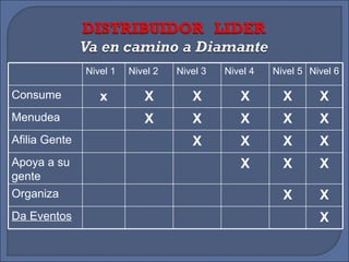 Nivel 1 Nivel 2 Nivel 3 Nivel 4 Nivel 5 Nivel 6 Consume x X X X X X Menudea X X X X X Afilia Gente X X X X Apoya a su gente X X X Organiza X X Da Eventos X 