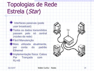 Topologias de Rede Estrela ( Star ) Interfaces passivas (pode usar broadcast) Todos os dados transmitidos passam pelo nó central (núcleo da rede) Fácil Manutenção Mais utilizada atualmente, por conta do padrão Ethernet Implementação física: Cabos Par Trançado com  RJ-45 27/05/09 