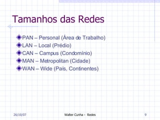 Tamanhos das Redes PAN – Personal (Área de Trabalho) LAN – Local (Prédio) CAN – Campus (Condomínio) MAN – Metropolitan (Cidade) WAN – Wide (País, Continentes) 27/05/09 