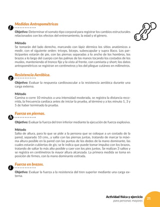 21Actividad física y ejercicio
para personas mayores
Medidas Antropométricas
Objetivo: Determinar el somato tipo corporal para registrar los cambios estructurales
relacionados con los efectos del entrenamiento, la edad y el género.
Método
Se tomarán del lado derecho, marcando con lápiz dérmico los sitios anatómicos a
medir, con el siguiente orden: tríceps, bíceps, subescapular y supra ilíaco. Los par-
ticipantes estarán de pie, con las piernas separadas a lo ancho de los hombros, los
brazos a lo largo del cuerpo con las palmas de las manos tocando los costados de los
muslos, manteniendo el tronco fijo y la vista al frente, con camiseta y short; los datos
antropométricos se registran en centímetros y los del pliegue cutáneo en milímetros.
Resistencia Aeróbica.
Objetivo: Evaluar la respuesta cardiovascular a la resistencia aeróbica durante una
carga externa.
Método
Camina o corre 10 minutos a una intensidad moderada, se registra la distancia reco-
rrida, la frecuencia cardiaca antes de iniciar la prueba, al término y a los minuto 1, 3 y
5 de haber terminado la prueba.
Fuerza en piernas.
Objetivo: Evaluar la fuerza del tren inferior mediante la ejecución de fuerza explosiva.
Método
Salto de altura, para lo que se pide a la persona que se coloque a un costado de la
pared, separado 10 cms., y salte con las piernas juntas, tratando de marcar la máxi-
ma altura posible en la pared con las puntas de los dedos de la mano dominante, las
cuales estarán cubiertas de gis; se le indica que puede tomar impulso con los brazos,
tratando de saltar lo más alto posible y caer con los pies juntos. Se realizan 3 saltos y
se registra en centímetros la mayor altura alcanzada. La primera medida se toma en
posición de firmes, con la mano dominante estirada.
Fuerza en brazos.
Objetivo: Evaluar la fuerza a la resistencia del tren superior mediante una carga ex-
terna.
f
g
h
i
 
