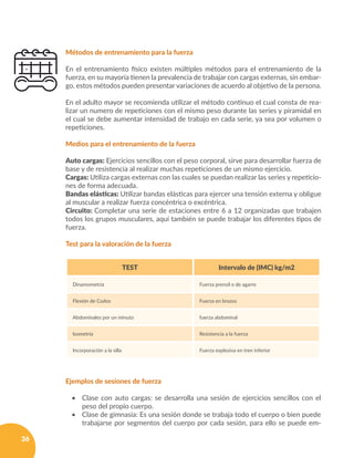 36
Métodos de entrenamiento para la fuerza
En el entrenamiento físico existen múltiples métodos para el entrenamiento de la
fuerza, en su mayoría tienen la prevalencia de trabajar con cargas externas, sin embar-
go, estos métodos pueden presentar variaciones de acuerdo al objetivo de la persona.
En el adulto mayor se recomienda utilizar el método continuo el cual consta de rea-
lizar un numero de repeticiones con el mismo peso durante las series y piramidal en
el cual se debe aumentar intensidad de trabajo en cada serie, ya sea por volumen o
repeticiones.
Medios para el entrenamiento de la fuerza
Auto cargas: Ejercicios sencillos con el peso corporal, sirve para desarrollar fuerza de
base y de resistencia al realizar muchas repeticiones de un mismo ejercicio.
Cargas: Utiliza cargas externas con las cuales se puedan realizar las series y repeticio-
nes de forma adecuada.
Bandas elásticas: Utilizar bandas elásticas para ejercer una tensión externa y obligue
al muscular a realizar fuerza concéntrica o excéntrica.
Circuito: Completar una serie de estaciones entre 6 a 12 organizadas que trabajen
todos los grupos musculares, aquí también se puede trabajar los diferentes tipos de
fuerza.
Test para la valoración de la fuerza
TEST Intervalo de (IMC) kg/m2
Dinamometría Fuerza prensil o de agarre
Flexión de Codos Fuerza en brazos
Abdominales por un minuto fuerza abdominal
Isometría Resistencia a la fuerza
Incorporación a la silla Fuerza explosiva en tren inferior
Ejemplos de sesiones de fuerza
•	 Clase con auto cargas: se desarrolla una sesión de ejercicios sencillos con el
peso del propio cuerpo.
•	 Clase de gimnasia: Es una sesión donde se trabaja todo el cuerpo o bien puede
trabajarse por segmentos del cuerpo por cada sesión, para ello se puede em-
 