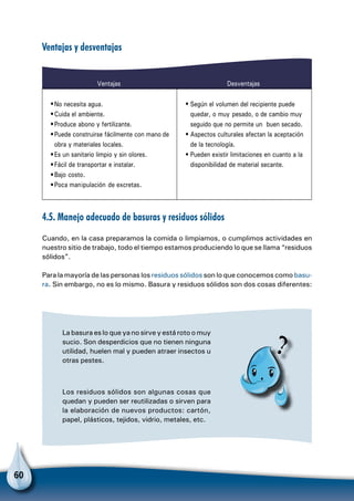 60
Ventajas y desventajas
Ventajas Desventajas
No necesita agua.
Cuida el ambiente.
Produce abono y fertilizante.
Puede construirse fácilmente con mano de
obra y materiales locales.
Es un sanitario limpio y sin olores.
Fácil de transportar e instalar.
Bajo costo.
Poca manipulación de excretas.
Según el volumen del recipiente puede
quedar, o muy pesado, o de cambio muy
seguido que no permite un buen secado.
Aspectos culturales afectan la aceptación
de la tecnología.
Pueden existir limitaciones en cuanto a la
disponibilidad de material secante.
•
•
•
•
•
•
•
•
•
•
•
4.5. Manejo adecuado de basuras y residuos sólidos
Cuando, en la casa preparamos la comida o limpiamos, o cumplimos actividades en
nuestro sitio de trabajo, todo el tiempo estamos produciendo lo que se llama “residuos
sólidos”.
Para la mayoría de las personas los residuos sólidos son lo que conocemos como basu-
ra. Sin embargo, no es lo mismo. Basura y residuos sólidos son dos cosas diferentes:
Para no olvid
Los residuos sólidos son algunas cosas que
quedan y pueden ser reutilizadas o sirven para
la elaboración de nuevos productos: cartón,
papel, plásticos, tejidos, vidrio, metales, etc.
La basura es lo que ya no sirve y está roto o muy
sucio. Son desperdicios que no tienen ninguna
utilidad, huelen mal y pueden atraer insectos u
otras pestes.
 