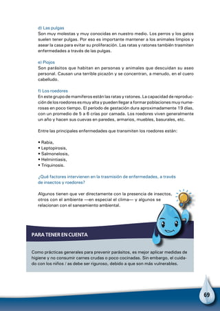 69
d) Las pulgas
Son muy molestas y muy conocidas en nuestro medio. Los perros y los gatos
suelen tener pulgas. Por eso es importante mantener a los animales limpios y
asear la casa para evitar su proliferación. Las ratas y ratones también trasmiten
enfermedades a través de las pulgas.
e) Piojos
Son parásitos que habitan en personas y animales que descuidan su aseo
personal. Causan una terrible picazón y se concentran, a menudo, en el cuero
cabelludo.
f) Los roedores
En este grupo de mamiferos están las ratas y ratones. La capacidad de reproduc-
ción de los roedores es muy alta y pueden llegar a formar poblaciones muy nume-
rosas en poco tiempo. El período de gestación dura aproximadamente 19 días,
con un promedio de 5 a 6 crías por camada. Los roedores viven generalmente
un año y hacen sus cuevas en paredes, armarios, muebles, basurales, etc.
Entre las principales enfermedades que transmiten los roedores están:
• Rabia,
• Leptopirosis,
• Salmonelosis,
• Helmintiasis,
• Triquinosis.
¿Qué factores intervienen en la trasmisión de enfermedades, a través
de insectos y roedores?
Algunos tienen que ver directamente con la presencia de insectos,
otros con el ambiente —en especial el clima— y algunos se
relacionan con el saneamiento ambiental.
Para tener en cuenta
Como prácticas generales para prevenir parásitos, es mejor aplicar medidas de
higiene y no consumir carnes crudas o poco cocinadas. Sin embargo, el cuida-
do con los niños / as debe ser riguroso, debido a que son más vulnerables.
Para no olvidar
 