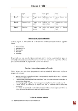 Módulo 9 - OTET
15
agora agora fazer agora feito
Como? Como é feito Porquê desta
forma
Poderia ser feito de
outra forma
Como deveria ser
feito
Quando Quando é feito Porquê nesta
altura
Poderia ser feito
noutra altura
Quando deveria ser
feito
Quem? Quem faz Porquê essa
pessoa
Quem mais poderia
fazer
Quem o deveria
fazer
Metodologia do projecto de Animação
Qualquer projecto de Animação tem de ser devidamente estruturado sendo analisadas as seguintes
etapas:
1. Apresentação
2. Fundamentação
3. Planificação
4. Execução
5. Avaliação
De um modo geral estas fazes do projecto de animação já foram descritas no ponto anterior (plano de
animação), contudo e dada a sua importância não é demais focar de uma forma esquemática as fases a
que o desenvolvimento de um projecto desta natureza deve obedecer.
Barreiras à implementação do plano de Animação
Existem factores de ordem diversa que colocam em causa a realização de determinados eventos ou
programas de animação:
 Não tem retorno de investimento tangível o que origina falta de interesse por parte e eventuais
investidores/patrocinadores
 Geras despesas consideráveis quando confrontadas com as receitas previsíveis (não é viável do
ponto de vista económico)
 A aceitação por parte do público alvo não é espontânea, implicando uma revisão do projecto
 Existem esforços de contenção de despesas que não se coadunam com os resultados
pretendidos
 Se a criação de determinado evento é demasiado dispendiosa e não se espera um retorno de
capital, verifica-se um desinteresse pelo plano ou pelo evento
Factores de Sucesso na Animação
Que factores podem conduzir ao sucesso da animação
 