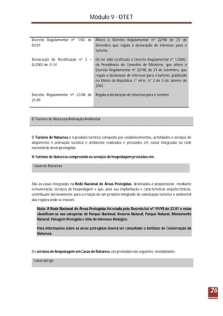 Módulo 9 - OTET
26
Decreto Regulamentar nº 1/02 de
03.01
Altera o Decreto Regulamentar nº 22/98 de 21 de
Setembro que regula a declaração de interesse para o
turismo.
Declaração de Rectificação nº 3 –
D/2002 de 31.01
De ter sido rectificado o Decreto Regulamentar nº 1/2002,
da Presidência do Conselho de Ministros, que altera o
Decreto Regulamentar nº 22/98, de 21 de Setembro, que
regula a declaração de interesse para o turismo, publicado
no Diário da República, Iª série, nº 2 de 3 de Janeiro de
2002.
Decreto Regulamentar nº 22/98 de
21.09
Regula a declaração de interesse para o turismo.
O Turismo de Natureza/Animação Ambiental
O Turismo de Natureza é o produto turístico composto por estabelecimentos, actividades e serviços de
alojamento e animação turística e ambiental realizados e prestados em zonas integradas na rede
nacional de áreas protegidas.
O Turismo de Natureza compreende os serviços de hospedagem prestados em:
Casas de Natureza
São as casas integradas na Rede Nacional de Áreas Protegidas, destinadas a proporcionar, mediante
remuneração, serviços de hospedagem e que, pela sua implantação e características arquitectónicas,
contribuam decisivamente para a criação de um produto integrado de valorização turística e ambiental
das regiões onde se insiram.
Nota: A Rede Nacional de Áreas Protegidas foi criada pelo Decreto-Lei nº 19/93 de 23.01 e estas
classificam-se nas categorias de Parque Nacional, Reserva Natural, Parque Natural, Monumento
Natural, Paisagem Protegida e Sítio de Interesse Biológico.
Para informações sobre as áreas protegidas deverá ser consultado o Instituto de Conservação da
Natureza.
Os serviços de hospedagem em Casas de Natureza são prestados nas seguintes modalidades:
Casas-abrigo
 