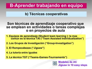 1. Equipos de aprendizaje (Student team learning ): la mas común es la técnica TAI (“Team Assisted Individualization”) 2. Los Grupos de Investigación (“Group-Investigation”) 3. El Rompecabezas (“Jigsaw”) 4. La tutoría entre iguales 5. La técnica TGT (“Teams-Games-Tournaments”) Son técnicas de aprendizaje cooperativo que se emplean en actividades o tareas complejas o en proyectos de aula Modelos de AC Jigsaw in 10 easy steps B-Aprender trabajando en equipo b) Técnicas cooperativas 