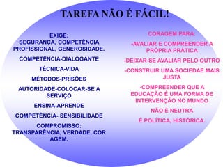 TAREFA NÃO É FÁCIL!

          EXIGE:                     CORAGEM PARA:
  SEGURANÇA, COMPETÊNCIA        -AVALIAR E COMPREENDER A
PROFISSIONAL, GENEROSIDADE.          PRÓPRIA PRÁTICA
  COMPETÊNCIA-DIALOGANTE      -DEIXAR-SE AVALIAR PELO OUTRO
       TÉCNICA-VIDA           -CONSTRUIR UMA SOCIEDAE MAIS
     MÉTODOS-PRISÕES                      JUSTA

 AUTORIDADE-COLOCAR-SE A           -COMPREENDER QUE A
         SERVIÇO                EDUCAÇÃO É UMA FORMA DE
                                 INTERVENÇÃO NO MUNDO
      ENSINA-APRENDE
                                      NÃO É NEUTRA
COMPETÊNCIA- SENSIBILIDADE
                                  É POLÍTICA, HISTÓRICA.
       COMPROMISSO:
TRANSPARÊNCIA, VERDADE, COR
          AGEM.
 