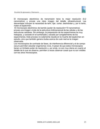 El microscopio electrónico de transmisión tiene la mejor resolución (0,2
nanometros) y provee una clara imagen del detalle ultraestructural. Las
desventajas incluyen la necesidad de teñir, fijar, cortar, deshidratar y, por lo tanto,
matar al espécimen.
 El microscopio electrónico de barrido (poder de resolución=10 nanometros)
provee una imagen vívida de la estructura tridimensional de las células y de las
estructuras celulares. Sin embargo, la preparación de los especímenes es muy
trabajosa, y consiste en el sombreado y secado por congelamiento de los
especimenes. Este proceso no solamente resulta en la muerte del espécimen en
estudio, sino que también genera dudas acerca de cuán real es la imagen
observada.
Los microscopios de contraste de fases, de interferencia diferencial y el de campo
oscuro permiten estudiar organismos vivos. A pesar de que estos microscopios
tienen un limitado poder de resolución y, por ende, no son muy claros en cuanto al
detalle de lo que se observa, permiten a veces observar cosas que no son visibles
con los otros microscopios.




                            WWW.AYV.UNRC.EDU.AR                                     23
 