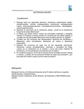 AUTOEVALUACIÓN


       Cuestionario:

   1. Distinga entre los siguientes términos: membrana celular/pared celular;
      núcleo/nucléolo; retículo endoplasmático liso/retículo endoplasmático
      rugoso; lisosomas/peroxisomas; cloroplastos/mitocondrias; cilios/flagelos;
      cuerpo basal/centríolo.
   2. Describa la estructura de la membrana celular. ¿Cuál es la importancia
      funcional de estas diferencias?
   3. a) Dibuje una célula animal. Incluya las principales organelas y póngales
      nombre. b) Prepare un dibujo similar con nombres de una célula vegetal. c)
      ¿Cuáles son las principales diferencias entre la célula animal y la vegetal?
   4. ¿Cuáles son las funciones del citoesqueleto? Describa las similitudes y
      diferencias entre microtúbulos, filamentos de actina y filamentos
      intermedios.
   5. Explique las funciones de cada una de las siguientes estructuras:
      ribosomas, retículo endoplasmático, vesículas y complejos de Golgi.
      ¿Cómo es su interacción en la síntesis y envío del nuevo material de
      membrana y en la exportación de proteínas por la célula?
   6. En nuestros cuerpos y en los de la mayoría de los animales ocurren mitosis
      y meiosis. ¿Cuáles son los productos finales de estos dos procesos?. ¿En
      qué parte de nuestro cuerpo ocurren estos procesos?




Bibliografía
Biología.H.Curtis y N.S.Barnes.Directoras de la 6º edición del libro en español
Adrina Schnek y Graciela Flores.
Biología Celular y Molecular de De Robertis. De Robertis(h.)-HIB-PONZIO,sexta
edición.




                          WWW.AYV.UNRC.EDU.AR                                     24
 