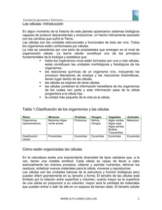 Las células: Introducción
En algún momento de la historia de este planeta aparecieron sistemas biológicos
capaces de producir descendientes y evolucionar, un hecho íntimamente asociado
con los cambios que sufrió la Tierra.
Las células son las unidades estructurales y funcionales de todo ser vivo. Todos
los organismos están conformados por células.
La vida se caracteriza por una serie de propiedades que emergen en el nivel de
organización celular. La teoría celular constituye uno de los principios
fundamentales de la biología y establece que:
               todos los organismos vivos están formados por una o más células,
               estas constituyen las unidades morfológicas y fisiológicas de los
               organismos.
               las reacciones químicas de un organismo vivo, incluyendo los
               procesos liberadores de energía y las reacciones biosintéticas,
               tienen lugar dentro de las células.
               las células se originan de otras células.
               las células contienen la información hereditaria de los organismos
               de los cuales son parte y esta información pasa de la célula
               progenitora a la célula hija.
               la unidad más pequeña de la vida es la célula.


Tabla 1.Clasificación de los organismos y las células

Reino             Moneras           Protistas    Hongos       Vegetales      Animales
Organismos        Bacterias Algas   Protozoos    Mohos        Algas verdes   Metazoos
representativos   verde azules                   Hongos       Algas rojas
                                                              Algas pardas
                                                              Biofitas
                                                              Traqueofitas
Clasificación     Procariotas       Eucariotas   Eucariotas   Eucariotas     Eucariotas
celular


Cómo están organizadas las células

En la naturaleza existe una sorprendente diversidad de tipos celulares que, a la
vez, tienen una notable similitud. Cada célula es capaz de llevar a cabo
esencialmente los mismos procesos: obtener y asimilar nutrientes, eliminar los
residuos, sintetizar nuevos materiales para la célula, moverse y reproducirse.
Las células son las unidades básicas de la estructura y función biológicas pero
pueden diferir grandemente en su tamaño y forma. El tamaño de las células está
limitado por la relación entre superficie y volumen; cuanto mayor es la superficie
de una célula en proporción a su volumen, mayor será la cantidad de materiales
que pueden entrar o salir de ella en un espacio de tiempo dado. El tamaño celular


                           WWW.AYV.UNRC.EDU.AR                                       2
 
