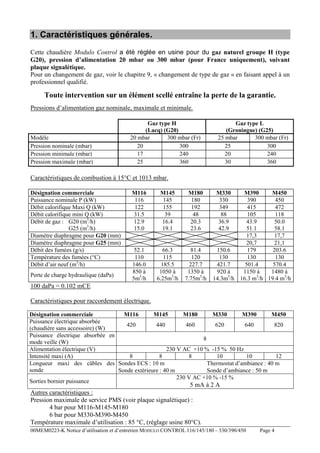 1. Caractéristiques générales.
Cette chaudière Modulo Control a été réglée en usine pour du gaz naturel groupe H (type
G20), pression d’alimentation 20 mbar ou 300 mbar (pour France uniquement), suivant
plaque signalétique.
Pour un changement de gaz, voir le chapitre 9, « changement de type de gaz » en faisant appel à un
professionnel qualifié.

Toute intervention sur un élément scellé entraîne la perte de la garantie.
Pressions d’alimentation gaz nominale, maximale et minimale.

Modèle
Pression nominale (mbar)
Pression minimale (mbar)
Pression maximale (mbar)

Gaz type H
(Lacq) (G20)
20 mbar
300 mbar (Fr)
20
300
17
240
25
360

Gaz type L
(Groningue) (G25)
25 mbar
300 mbar (Fr)
25
300
20
240
30
360

Caractéristiques de combustion à 15°C et 1013 mbar.
Désignation commerciale
Puissance nominale P (kW)
Débit calorifique Maxi Q (kW)
Débit calorifique mini Q (kW)
Débit de gaz : G20 (m3/h)
G25 (m3/h)
Diamètre diaphragme pour G20 (mm)
Diamètre diaphragme pour G25 (mm)
Débit des fumées (g/s)
Température des fumées (°C)
Débit d’air neuf (m3/h)
Perte de charge hydraulique (daPa)

M116
116
122
31.5
12.9
15.0

M145
145
155
39
16.4
19.1

M180
180
192
48
20.3
23.6

52.1
110
146.0
850 à
5m3/h

66.3
115
185.5
1050 à
6.25m3/h

81.4
120
227.7
1350 à
7.75m3/h

M330
330
349
88
36.9
42.9

M390
M450
390
450
415
472
105
118
43.9
50.0
51.1
58.1
17,3
17,7
20,7
21,1
150.6
179
203.6
130
130
130
421.7
501.4
570.4
1480 à
920 à
1150 à
14.3m3/h 16.3 m3/h 19.4 m3/h

100 daPa = 0.102 mCE
Caractéristiques pour raccordement électrique.
Désignation commerciale
M116
M145
M180
M330
M390
M450
Puissance électrique absorbée
420
440
460
620
640
820
(chaudière sans accessoire) (W)
Puissance électrique absorbée en
8
mode veille (W)
Alimentation électrique (V)
230 V AC +10 % -15 % 50 Hz
Intensité maxi (A)
8
8
8
10
10
12
Longueur maxi des câbles des Sondes ECS : 10 m
Thermostat d’ambiance : 40 m
sonde
Sonde extérieure : 40 m
Sonde d’ambiance : 50 m
230 V AC +10 % -15 %
Sorties bornier puissance

5 mA à 2 A

Autres caractéristiques :
Pression maximale de service PMS (voir plaque signalétique) :
4 bar pour M116-M145-M180
6 bar pour M330-M390-M450
Température maximale d’utilisation : 85 °C, (réglage usine 80°C).
00MEM0223-K Notice d’utilisation et d’entretien MODULO CONTROL 116/145/180 – 330/390/450

Page 4

 