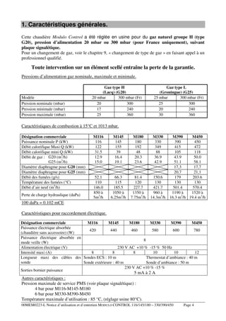 1. Caractéristiques générales.
Cette chaudière Modulo Control a été réglée en usine pour du gaz naturel groupe H (type
G20), pression d’alimentation 20 mbar ou 300 mbar (pour France uniquement), suivant
plaque signalétique.
Pour un changement de gaz, voir le chapitre 9, « changement de type de gaz » en faisant appel à un
professionnel qualifié.

Toute intervention sur un élément scellé entraîne la perte de la garantie.
Pressions d’alimentation gaz nominale, maximale et minimale.

Modèle
Pression nominale (mbar)
Pression minimale (mbar)
Pression maximale (mbar)

Gaz type H
(Lacq) (G20)
20 mbar
300 mbar (Fr)
20
300
17
240
25
360

Gaz type L
(Groningue) (G25)
25 mbar
300 mbar (Fr)
25
300
20
240
30
360

Caractéristiques de combustion à 15°C et 1013 mbar.
Désignation commerciale
Puissance nominale P (kW)
Débit calorifique Maxi Q (kW)
Débit calorifique mini Q (kW)
Débit de gaz : G20 (m3/h)
G25 (m3/h)
Diamètre diaphragme pour G20 (mm)
Diamètre diaphragme pour G25 (mm)
Débit des fumées (g/s)
Température des fumées (°C)
Débit d’air neuf (m3/h)
Perte de charge hydraulique (daPa)

M116
116
122
31.5
12.9
15.0

M145
145
155
39
16.4
19.1

M180
180
192
48
20.3
23.6

52.1
110
146.0
850 à
5m3/h

66.3
115
185.5
1050 à
6.25m3/h

81.4
120
227.7
1350 à
7.75m3/h

M330
330
349
88
36.9
42.9

M390
M450
390
450
415
472
105
118
43.9
50.0
51.1
58.1
17,3
17,7
20,7
21,1
150.6
179
203.6
130
130
130
421.7
501.4
570.4
960 à
1190 à
1520 à
14.3m3/h 16.3 m3/h 19.4 m3/h

100 daPa = 0.102 mCE
Caractéristiques pour raccordement électrique.
Désignation commerciale
M116
M145
M180
M330
M390
M450
Puissance électrique absorbée
420
440
460
580
600
780
(chaudière sans accessoire) (W)
Puissance électrique absorbée en
8
mode veille (W)
Alimentation électrique (V)
230 V AC +10 % -15 % 50 Hz
Intensité maxi (A)
8
8
8
10
10
12
Longueur maxi des câbles des Sondes ECS : 10 m
Thermostat d’ambiance : 40 m
sonde
Sonde extérieure : 40 m
Sonde d’ambiance : 50 m
230 V AC +10 % -15 %
Sorties bornier puissance

5 mA à 2 A

Autres caractéristiques :
Pression maximale de service PMS (voir plaque signalétique) :
4 bar pour M116-M145-M180
6 bar pour M330-M390-M450
Température maximale d’utilisation : 85 °C, (réglage usine 80°C).
00MEM0223-L Notice d’utilisation et d’entretien MODULO CONTROL 116/145/180 – 330/390/450

Page 4

 
