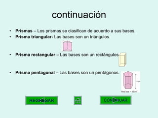 continuación Prismas  – Los prismas se clasifican de acuerdo a sus bases. Prisma triangular-  Las bases son un triángulos Prisma rectangular  – Las bases son un rectángulos. Prisma pentagonal  – Las bases son un pentágonos.  REGRESAR CONTINUAR 