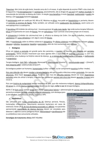 Tiopurinas: têm início de ação lento, levando cerca de 3 a 4 meses. A ação depende da enzima TPMT e dos níveis de
6-tioguanina. A 6-mercaptopurina e a azatioprina, possivelmente, são as drogas de uso oral com melhor resultado na
manutenção da remissão na doença de Crohn. A relação risco-benefício é muito favorável, melhorando o quadro da
doença, com toxicidade bastante tolerável.
O metotrexate pode ser usado por VO, IM ou SC. Mostrou-se eficaz, mas pode ser hepatotóxico e, portanto, devem-
se controlar as enzimas do fígado. Pode, também, ser utilizado como coadjuvante dos biológicos, assim como a 6-
mercaptopurina e a azatioprina.
O tacrolimus VO (inibidor da calcineurina) - imunossupressor de ação mais rápida. Age onde outras terapias falharam.
Eficaz principalmente em casos de fístulas. Por ser nefrotóxico. Fazer controle renal (interromper em 6 meses).
A ciclosporina A (inibidor da calcineurina) tem ↓ eficácia na doença de Crohn. Em alguns trabalhos, mostrou-se
satisfatória em casos refratários e em alguns casos de fístulas.
OBS.: A monitoração sobre os efeitos colaterais é obrigatória. Os efeitos colaterais mais frequentes incluem cefaleia,
náuseas e vômitos, leucopenia, hepatite e pancreatite, além do risco aumentado para linfoma.
• Biológicos
Eficaz em induzir a remissão em grande parte dos pacientes, e mantém os mesmos sem sintomas por períodos
prolongados. Vários estudos mostraram que esses agentes têm a capacidade de cicatrizar a mucosa, e, com isso,
possibilitar uma mudança na história natural da doença, ↓ o número de hospitalizações e cirurgias, e melhorando
o prognóstico.
Terapia biológica: Anti-TNFs: inﬂiximabe (Remicade®); adalimumabe (Humira®); - certolizumabe-pegol – (Cimzia®).
Anti-integrina α4β7: vedolizumabe (Entyvio®)
Os biológicos podem ser humanos, humanizados (sufixo –umabe), ou ter componente munírico (sufixo –imabe).
Pcts com infecção não devem receber a terapia biológica até que o quadro infeccioso esteja controlado. Em caso de
abscessos, deve haver drenagem prévia. Pacientes com risco de infecções latentes devem ter esses diagnósticos
excluídos antes de utilizar a terapia, e aqueles que receberam vacinas com vírus vivo devem aguardar 3 meses para
iniciá-la.
Pcts com história de malignidade (exceto neoplasia de pele, que não melanoma maligno), doença linfoproliferativa,
ICC grave ou, ainda, doença desmielinizante devem, via de regra, evitar o uso de terapia biológica.
NOTA: É de bom senso realizar testes para afastar tuberculose latente + administração de vacinas sem vírus vivo que
porventura estejam faltando, antes do início do tratamento, com destaque para
as de inﬂuenza, pneumococo, tétano, hepatite e HPV.
• Antibióticos
São utilizados para tratar complicações da DC (doença perianal, fístulas,
tumorações inflamatórias, crescimento excessivo bacteriano em casos de
estenose). Existe um ↑ do risco de doença associada a C. difficile, e os pacientes
apresentando exacerbação de doença diarreica devem ser estudados para
detectar C. difficile e outros patógenos fecais. Metronidazol e ciprofloxacina são
os antibióticos mais comumente utilizados.
Estratégias de tratamento clínico (POT-POURRI)
Baixado por Amanda Freitas (amandaalmeida1996@hotmail.com)
lOMoARcPSD|5059377
 