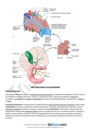 METABOLISMO DA BILIRRUBINA
Degradação do heme
A produção de bilirrubina resulta do catabolismo de proteínas heme, principalmente hemoglobina (≈ 85%), mas tbm
da mioglobina e enzimas (citocromos, catalases e triptofano pirrolase). Após aproximadamente 120 dias na
circulação, os eritrócitos são captados e degradados pelo sistema reticuloendotelial (RE), especialmente no fígado e
no baço.
Formação de bilirrubina: A proteína heme é catabolizada pelo sistema microssomal heme-oxigenase, dando origem
à biliverdina (íon férrico e monóxido de carbono são liberados, resultando na produção desse pigmento verde). A
biliverdina é reduzida, formando o composto vermelho-alaranjado bilirrubina. A bilirrubina e seus derivados são
coletivamente denominados pigmentos biliares. (Nota: A variação de cores em um hematoma reflete a variação no
padrão de intermediários, que ocorre durante a degradação do heme). Cada grama de hemoglobina dá origem a
35mg de bilirrubina, 95% do total com forma IX alfa (ZZ), que é o principal componente da bilirrubina natural em
humanos.
Baixado por Amanda Freitas (amandaalmeida1996@hotmail.com)
lOMoARcPSD|5059377
 