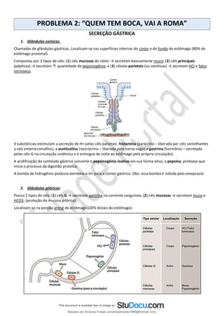 PROBLEMA 2: “QUEM TEM BOCA, VAI A ROMA”
SECREÇÃO GÁSTRICA
1. Glândulas oxínicas:
Chamadas de glândulas gástricas. Localizam-se nas superfícies internas do corpo e do fundo do estômago (80% do
estômago proximal).
Compostas por 3 tipos de céls: (1) céls mucosas do cólon → secretam basicamente muco; (2) céls principais
(pépticas) → secretam ↑ quantidade de pepsinogênio; e (3) células parietais (ou oxínticas) → secretam HCl e fator
intrínseco.
3 substâncias estimulam a secreção de H+ pelas céls parietais: histamina (parácrino – liberada por céls semelhantes
a céls enterocromafins), a acetilcolina (neurócrino – liberada pelo nervo vago) e gastrina (hormônio – secretada
pelas céls G na circulação sistêmica e é entregue de volta ao estômago pela própria circulação).
A acidificação do conteúdo gástrico converte o pepsinogênio inativo em sua forma ativa, a pepsina, protease que
inicia o processo da digestão proteica.
A bomba de hidrogênio-potássio bombeia o H+ para o lúmen gástrico. Obs: essa bomba é inibida pelo omeprazol.
2. Glândulas pilóricas:
Possui 2 tipos de céls: (1) céls G → secretam gastrina na corrente sanguínea; (2) céls mucosas → secretam muco e
HCO3- (proteção da mucosa pilórica).
Localizam-se na porção antral do estômago (20% distais do estômago).
Baixado por Amanda Freitas (amandaalmeida1996@hotmail.com)
lOMoARcPSD|5059377
 