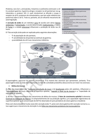 Proteínas, íons Ca++, aminoácidos, histamina e acetilcolina estimulam a cél
G a produzir gastrina. A gastrina atinge o receptor na cél parietal por via sg,
induzindo-a a produzir HCl. A ↓pH intraluminal se difunde e ocupa o
receptor da cél D, produtora de somatostatina, que tem ação inibitória (via
parácrina) sobre a cél G. Trata-se, portanto, de um eficiente mecanismo de
autorregulação.
A secreção de ácido de um indivíduo varia de acordo com vários fatores
ambientais. A alimentação, o uso de determinados medicamentos, o hábito
de fumar e o estado emocional inﬂuenciam a produção de ácido nas 24
horas.
O ↑da secreção ácida pode ser explicado pelas seguintes observações:
− ↑ da população de céls parietais;
− ↑ sensibilidade da cél parietal ao estímulo da gastrina;
− ↓sensibilidade da cél G aos mecanismos inibitórios.
O pepsinogênio, precursor da pepsina, encontra-se ↑na maioria dos ulcerosos que apresentam, portanto, ↑no
pepsinogênio total, e ainda mais importante é o fato de a atividade proteolítica dessa enzima ser maior nos ulcerosos.
• Defesa da mucosa
As PGs são responsáveis por *estimular a produção de muco e de bicarbonato pelas céls epiteliais, inﬂuenciam a
*hidrofobicidade do muco adjacente à superfície epitelial, *regulam o ﬂuxo sg da mucosa e a *capacidade de
replicação do epitélio.
↓ de PGs = comprometimento dos mecanismos de defesa da mucosa. O fator de crescimento epitelial é elemento
essencial na reparação da mucosa. O comprometimento de sua produção significa ↓na capacidade regenerativa da
superfície epitelial. ↓da concentração do EGF foi observada em pcts portadores de úlcera gástrica e duodenal.
Pctes com úlcera duodenal muitas vezes têm secreção ácida ↑; pctes com úlcera gástrica têm secreção normal ou ↓.
Isso sugere que o mecanismo da ulceração é uma falha nos mecanismos protetores da mucosa gástrica.
Baixado por Amanda Freitas (amandaalmeida1996@hotmail.com)
lOMoARcPSD|5059377
 