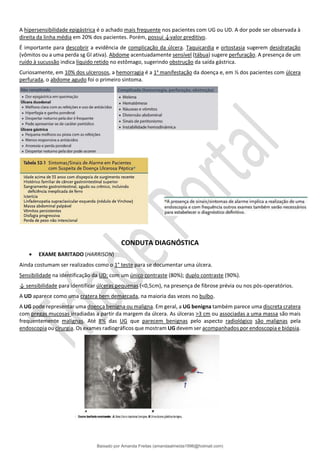 A hipersensibilidade epigástrica é o achado mais frequente nos pacientes com UG ou UD. A dor pode ser observada à
direita da linha média em 20% dos pacientes. Porém, possui ↓valor preditivo.
É importante para descobrir a evidência de complicação da úlcera. Taquicardia e ortostasia sugerem desidratação
(vômitos ou a uma perda sg GI ativa). Abdome acentuadamente sensível (tábua) sugere perfuração. A presença de um
ruído à sucussão indica líquido retido no estômago, sugerindo obstrução da saída gástrica.
Curiosamente, em 10% dos ulcerosos, a hemorragia é a 1a
manifestação da doença e, em ⅓ dos pacientes com úlcera
perfurada, o abdome agudo foi o primeiro sintoma.
CONDUTA DIAGNÓSTICA
• EXAME BARITADO (HARRISON)
Ainda costumam ser realizados como o 1° teste para se documentar uma úlcera.
Sensibilidade na identificação da UD: com um único contraste (80%); duplo contraste (90%).
↓ sensibilidade para identificar úlceras pequenas (<0,5cm), na presença de fibrose prévia ou nos pós-operatórios.
A UD aparece como uma cratera bem demarcada, na maioria das vezes no bulbo.
A UG pode representar uma doença benigna ou maligna. Em geral, a UG benigna também parece uma discreta cratera
com pregas mucosas irradiadas a partir da margem da úlcera. As úlceras >3 cm ou associadas a uma massa são mais
frequentemente malignas. Até 8% das UG que parecem benignas pelo aspecto radiológico são malignas pela
endoscopia ou cirurgia. Os exames radiográficos que mostram UG devem ser acompanhados por endoscopia e biópsia.
Baixado por Amanda Freitas (amandaalmeida1996@hotmail.com)
lOMoARcPSD|5059377
 